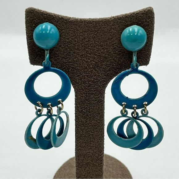 Vintage 1980s Blue Retro Dangle clip on metal Earrings - Picture 2 of 6